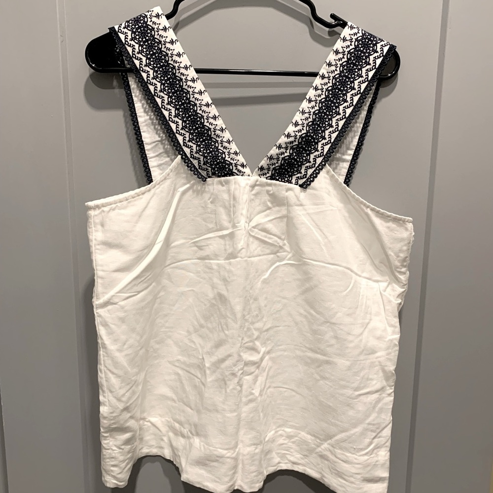 White Linen Top w/ Navy Embroidery